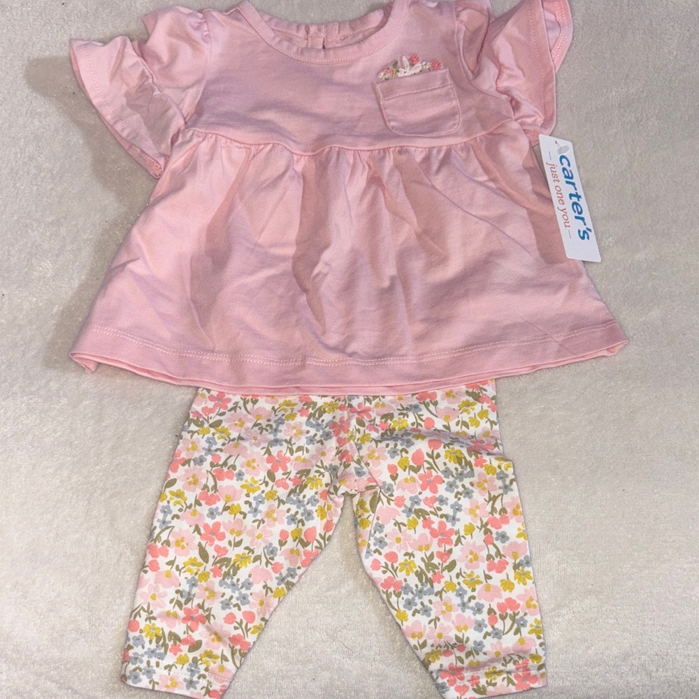 Carter's Light Pink Ruffle Top and Floral Pants Set
